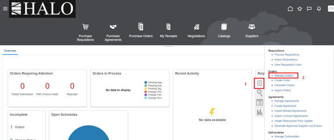 0.2. Then click on tasks icon and after on Manage Orders
