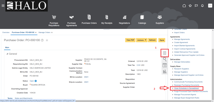 1. Click on tasks icon, scroll down and click on Close Schedules in Spdreasheet