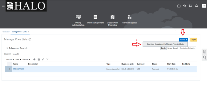 10. Click on Actions and then on Download Spdreasheet to Maintain Price List Data
