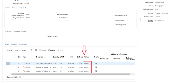 13. And finally check that the lines now have Closed status
