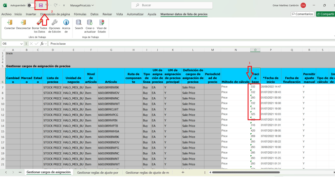 18. When Price List is opened update Base Price, Precio Base and then click on Save icon