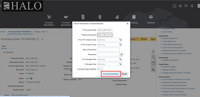 2. Input the necessary information and click on Create Spdreadsheet.