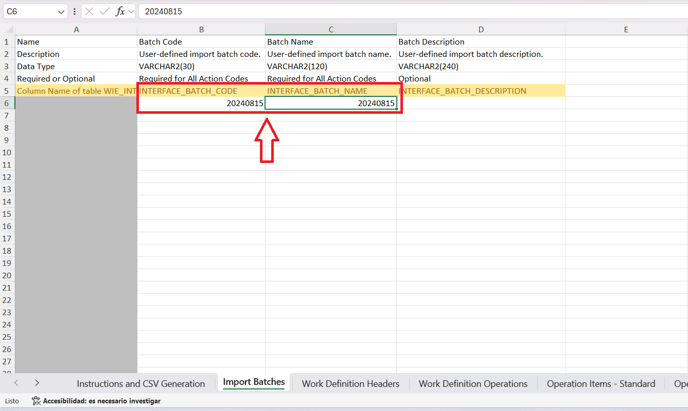 3. Input the corresponding value in the INTERFACE_BATCH_CODE column. The INTERFACE_BATCH_NAME column can also have the same value.