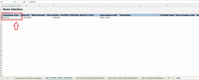 3. Trasnaction Type column value is UPDATE. Is not necessary to change it.