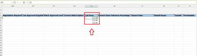 3. finally input the new list price (is in the IA column)