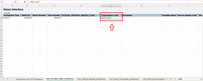 6. In Organization Code column the default value will be MAST_HALO. Is not necessary to change it.
