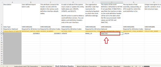 7. By other hand, WORK_DEFINITION_STATUS column has the INACTIVE fixed value.