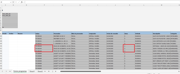 7. Locate all the POs is necessary to close. For this example we just want to close the 3 lines of PO-000100.