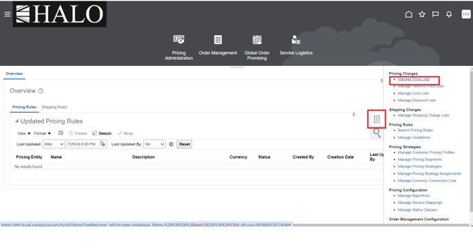 8. Click on task icon and then on Manage Price lists.