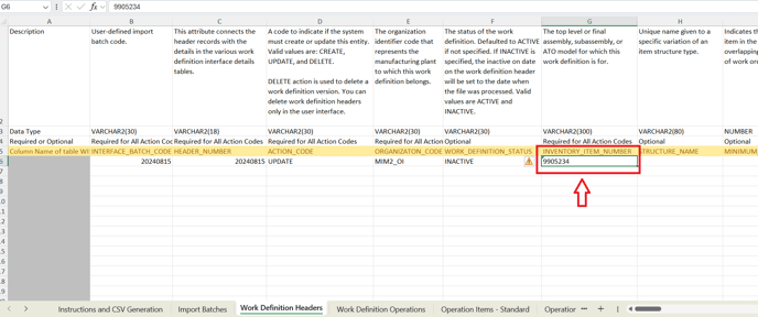 8. In INVENTORY_ITEM_NUMBER column input the item number you need to inactivate.