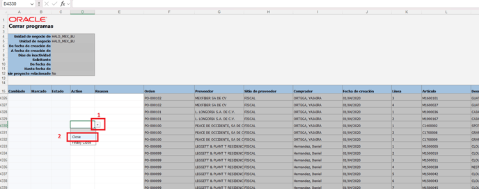 8. Now locate the Action column and click on the icon on the right. Select the Close option