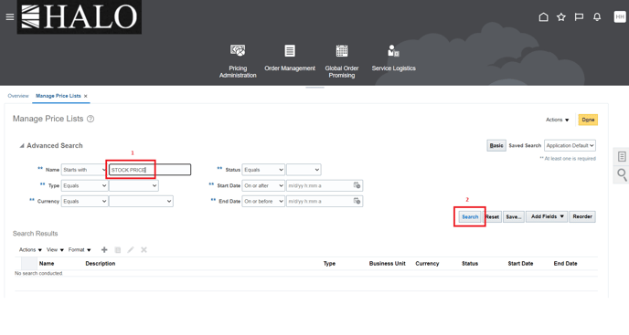 9. Input Price List name and click on Search